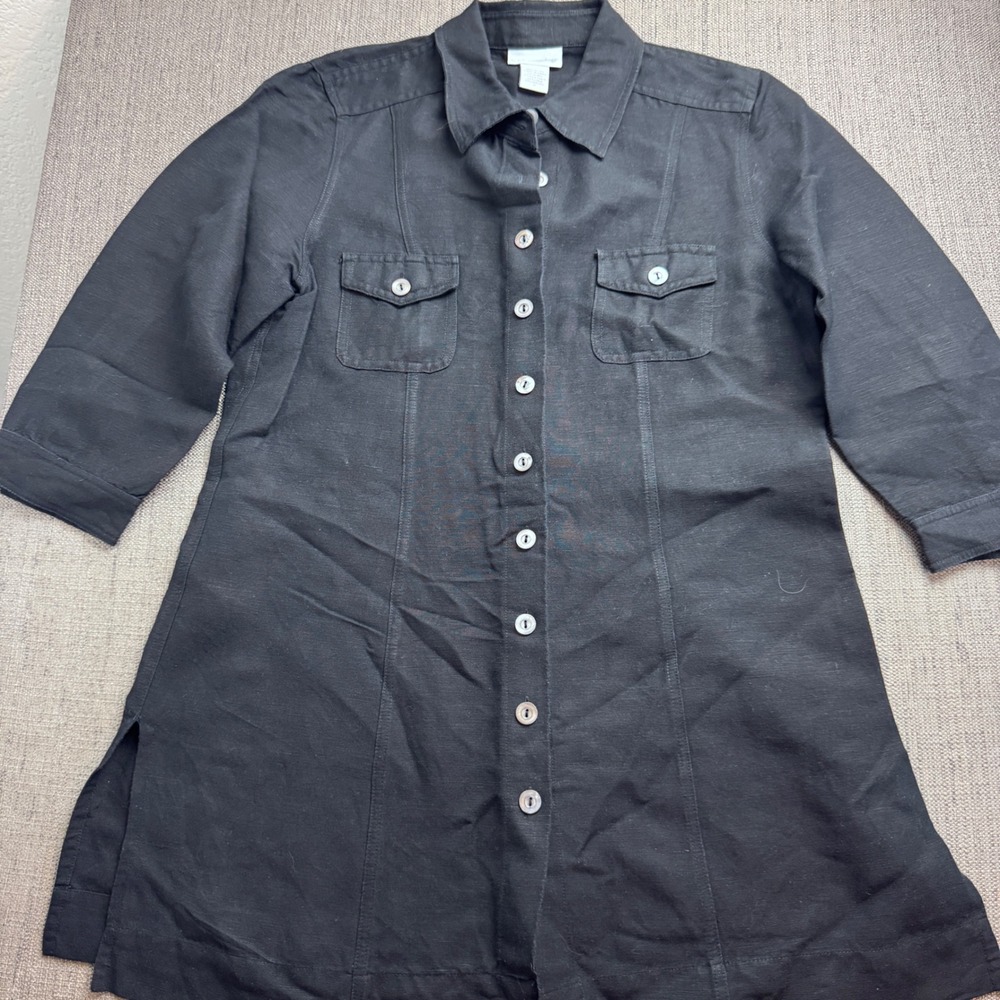 Soft Surroundings Black Linen Tunic Button Down Shirt Womens Medium 23819